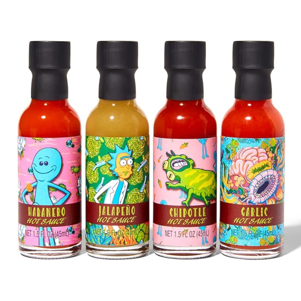 Rick and Morty Official Hot Sauce Set by Adult Swim - Multidimensional Pack, Includes Garlic, Jalapeno, Chipotle, Habanero Sauces, 4-Pack