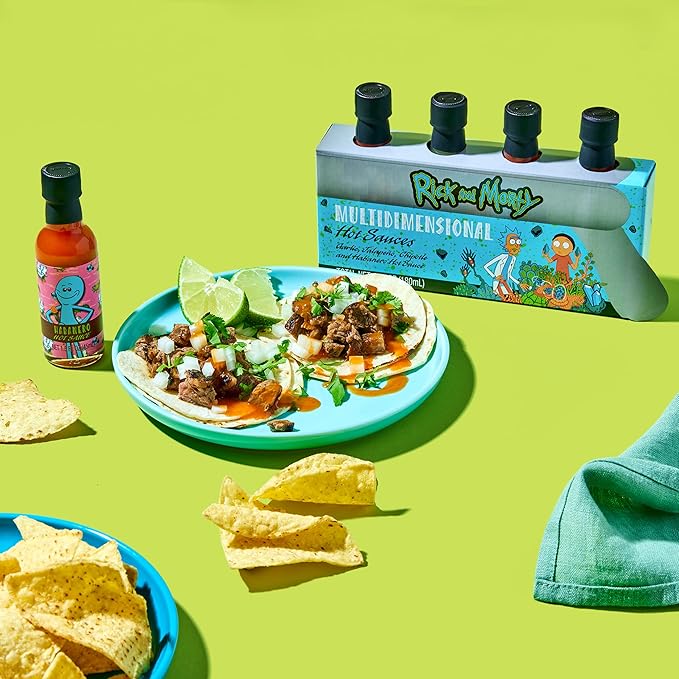 Rick and Morty Official Hot Sauce Set by Adult Swim - Multidimensional Pack, Includes Garlic, Jalapeno, Chipotle, Habanero Sauces, 4-Pack