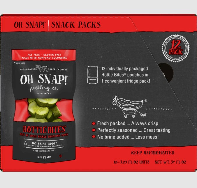 OH SNAP! Hottie Bites - Hot n' spicy pickle snacking cuts, 12-Pack, No Brine Mess, Non-GMO, Gluten-Free