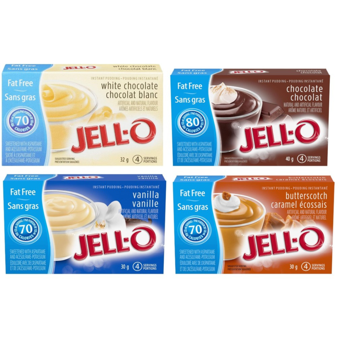 4-Pack | Jell-O Instant Pudding Mix | Fat Free Assorted Flavours | Chocolate, Butterscotch, Vanilla, White Chocolate
