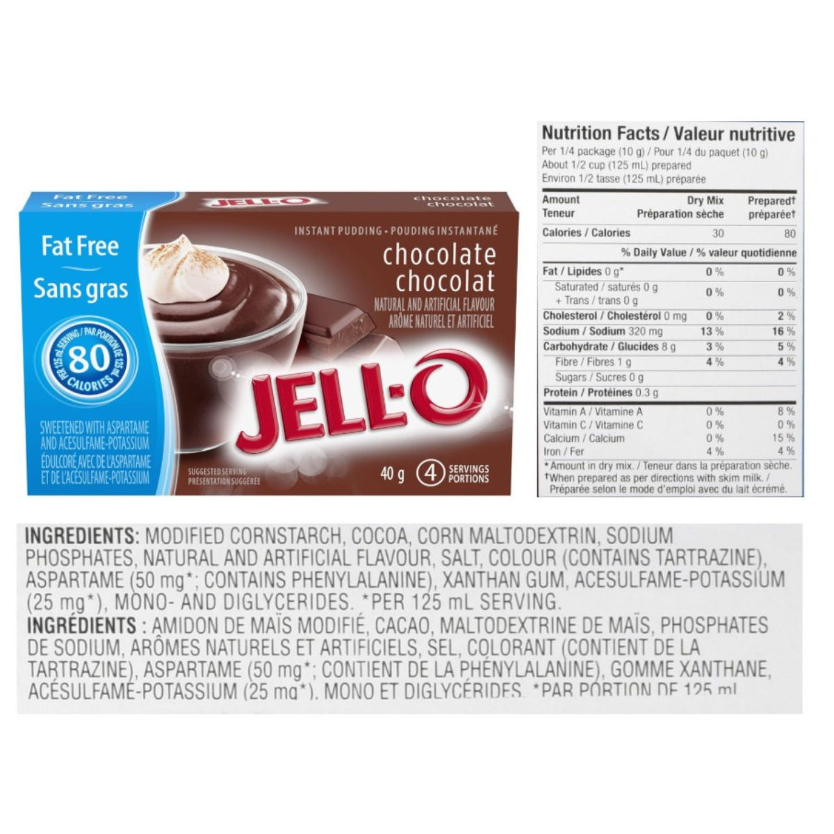 4-Pack | Jell-O Instant Pudding Mix | Fat Free Assorted Flavours | Chocolate, Butterscotch, Vanilla, White Chocolate