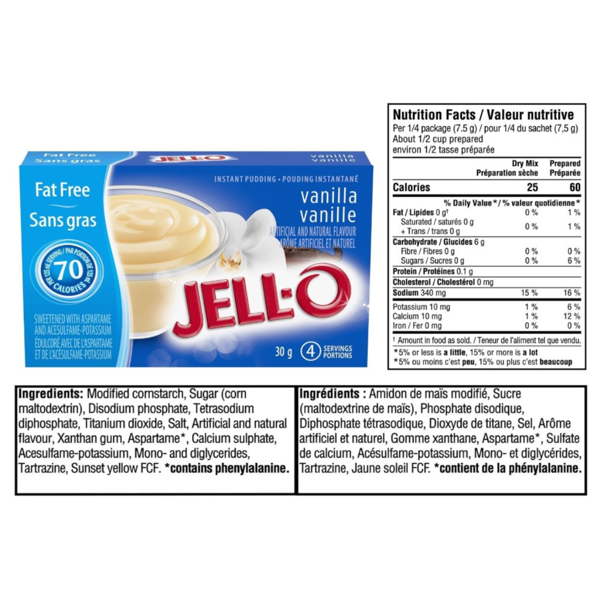 4-Pack | Jell-O Instant Pudding Mix | Fat Free Assorted Flavours | Chocolate, Butterscotch, Vanilla, White Chocolate