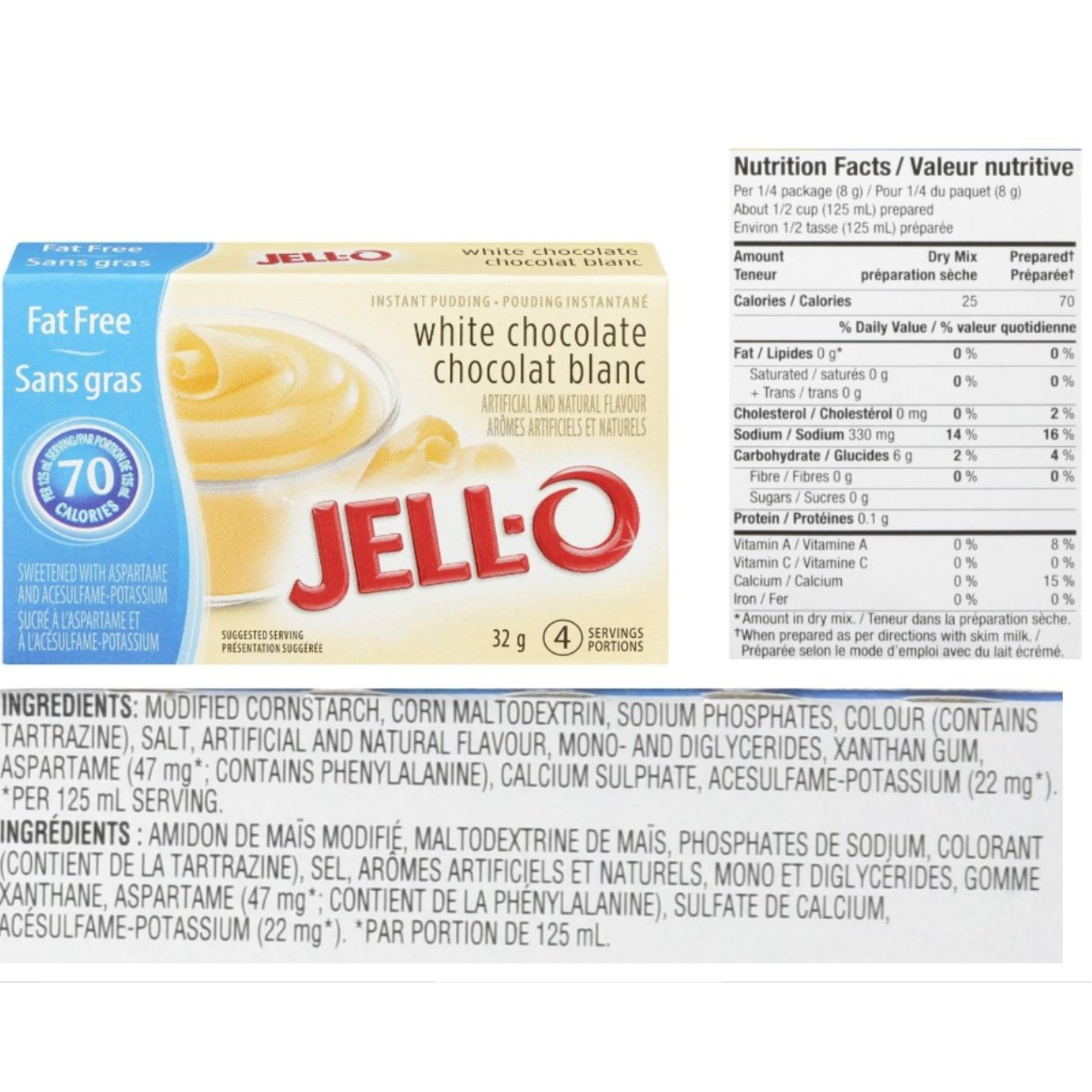 4-Pack | Jell-O Instant Pudding Mix | Fat Free Assorted Flavours | Chocolate, Butterscotch, Vanilla, White Chocolate