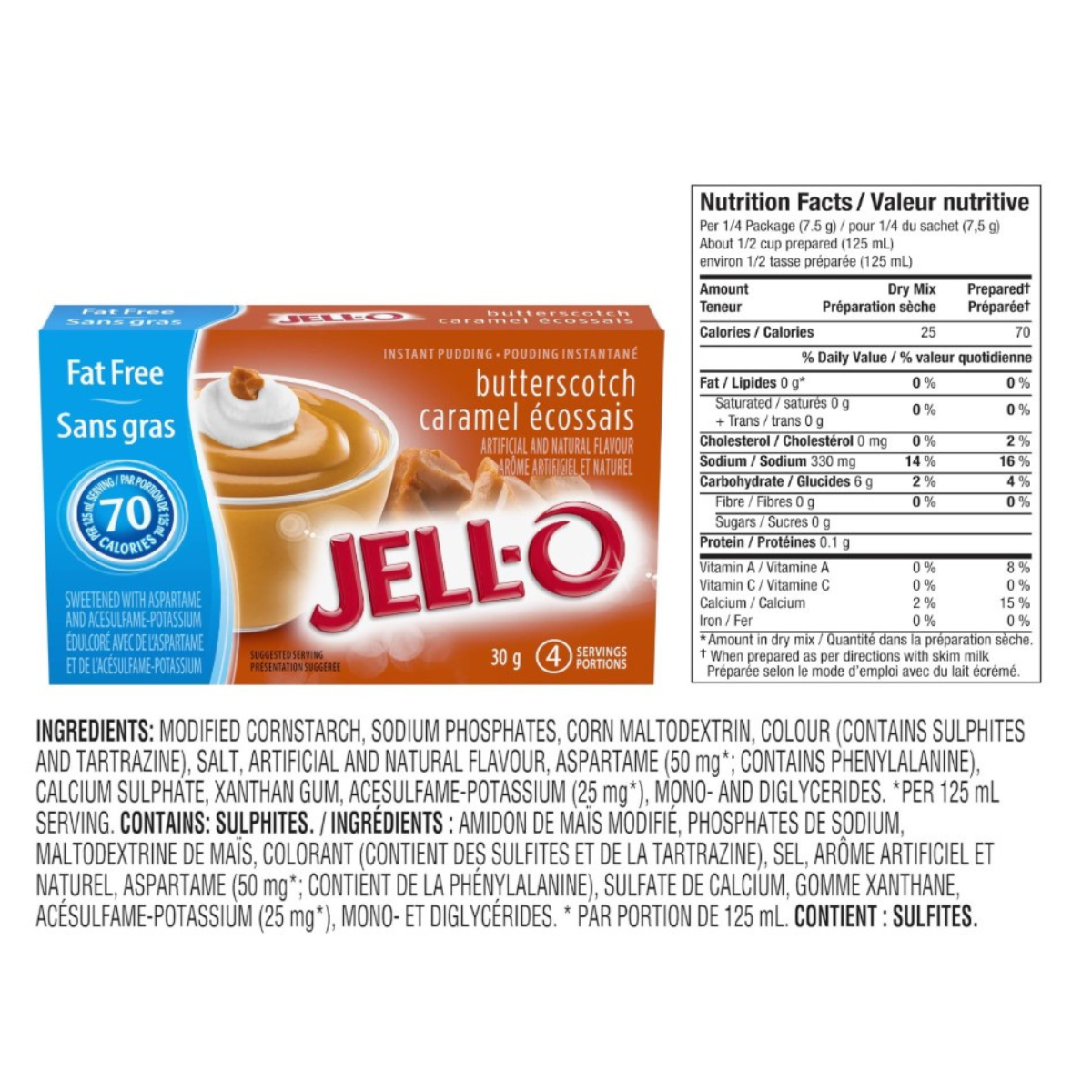4-Pack | Jell-O Instant Pudding Mix | Fat Free Assorted Flavours | Chocolate, Butterscotch, Vanilla, White Chocolate
