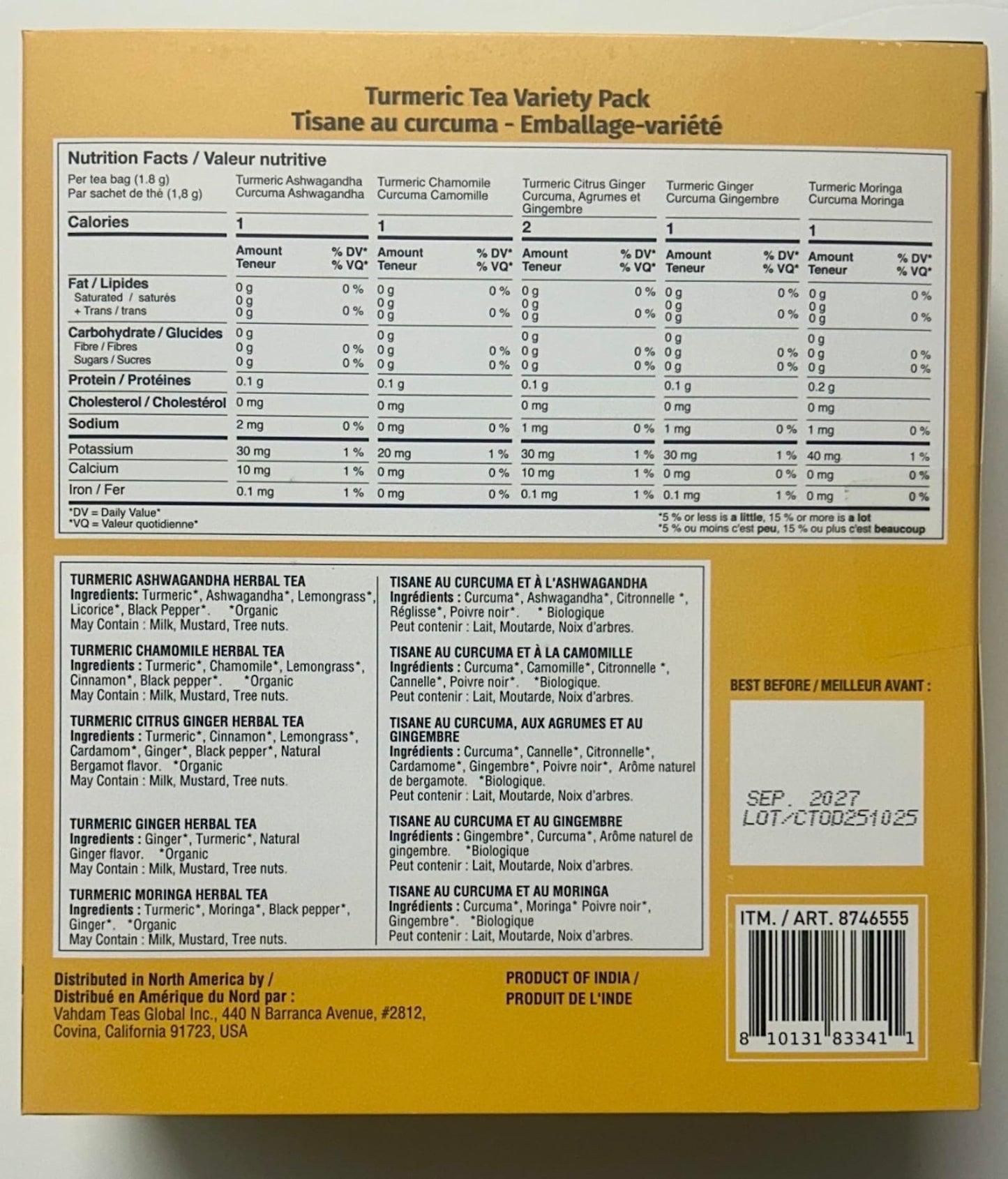 Vahdam Turmeric Tea Variety Pack, 100-count