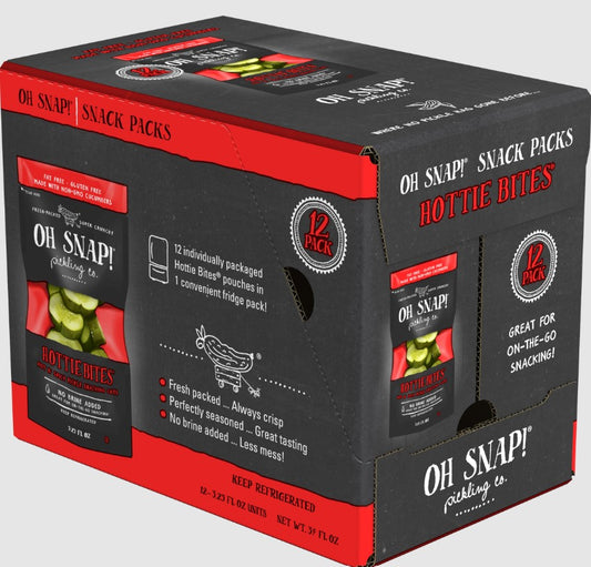 OH SNAP! Hottie Bites - Hot n' spicy pickle snacking cuts, 12-Pack, No Brine Mess, Non-GMO, Gluten-Free