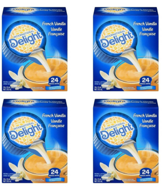 4 Boxes of 24 Cups | International Delight French Vanilla Non-Dairy Creamer | Single Serve | Shelf Stable | 13ml